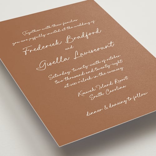 This is a chestnut wedding invitations with standard by chocomocacino called strazzate printing on signature in standard