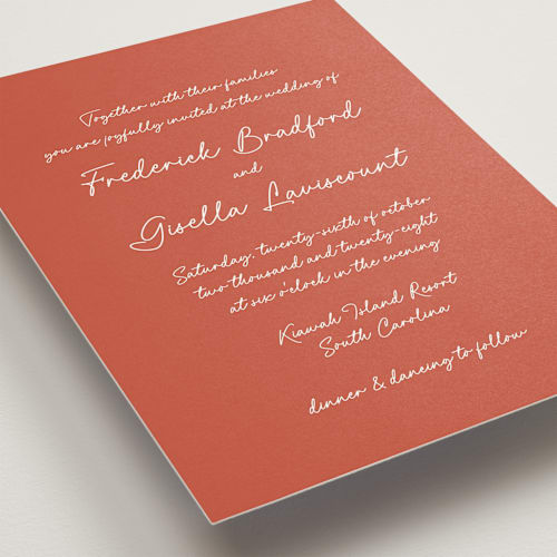 This is a coral wedding invitations with standard by chocomocacino called strazzate printing on signature in standard