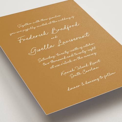 This is a mustard wedding invitations with standard by chocomocacino called strazzate printing on signature in standard