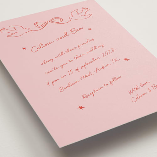 This is a peach wedding invitations with standard by Helena Vitto called the bird song printing on signature in standard