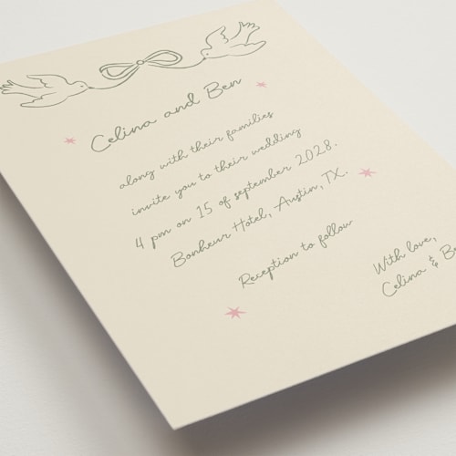 This is a sage wedding invitations with standard by Helena Vitto called the bird song printing on signature in standard