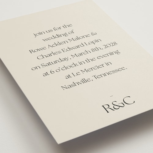 This is a sandstone wedding invitations with standard by Sara Hicks Malone called monogram edit printing on signature in standard