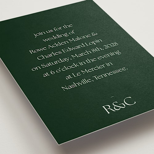 This is a evergreen wedding invitations with standard by Sara Hicks Malone called monogram edit printing on signature in standard