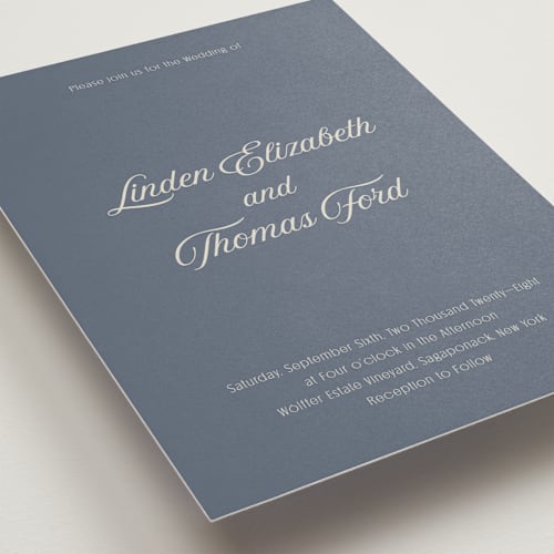 This is a french blue wedding invitations with standard by Nicoletta Savod called ritzy printing on signature in standard