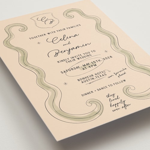 This is a pistachio wedding invitations with standard by Helena Vitto called modern fairy tale printing on signature in standard