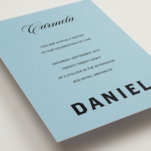 This is a bluebird wedding invitations with standard by Studio Suku called bold and demure printing on signature in standard