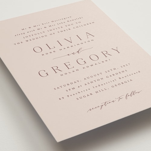 This is a dusty rose wedding invitations with standard by Hooray Creative called classy type printing on signature in standard
