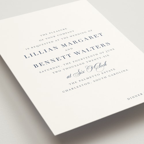 This is a navy wedding invitations with standard by Megan Davis called charleston printing on signature in standard
