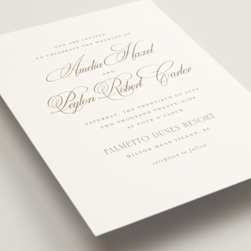 This is a golden wedding invitations with standard by Kelly Schmidt called hilton printing on signature in standard