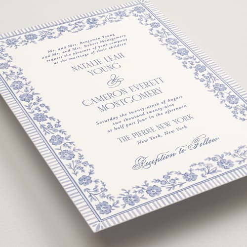 This is a cerulean wedding invitations with standard by Jenna Holcomb called embroidered printing on signature in standard