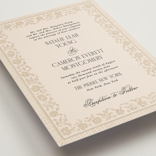 This is a almond wedding invitations with standard by Jenna Holcomb called embroidered printing on signature in standard