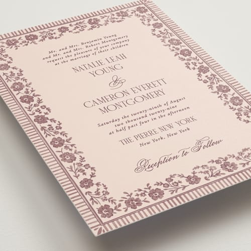 This is a mauve wedding invitations with standard by Jenna Holcomb called embroidered printing on signature in standard