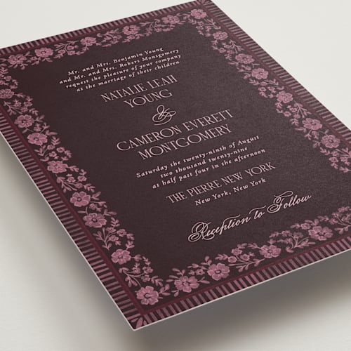 This is a burgundy wedding invitations with standard by Jenna Holcomb called embroidered printing on signature in standard