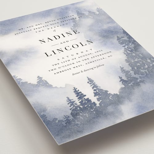 This is a frost wedding invitations with standard by Stacey Meacham called misty trees printing on signature in standard