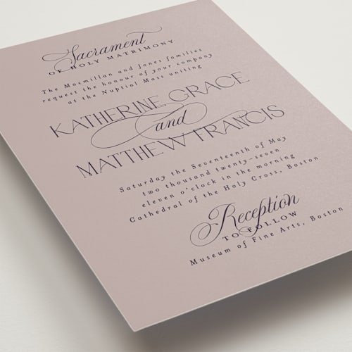 This is a mauve wedding invitations with standard by Heather Cairl called sacrament printing on signature in standard