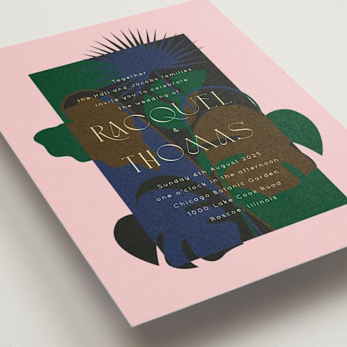 This is a blush wedding invitations with standard by Baumbirdy called modern tropics printing on signature in standard