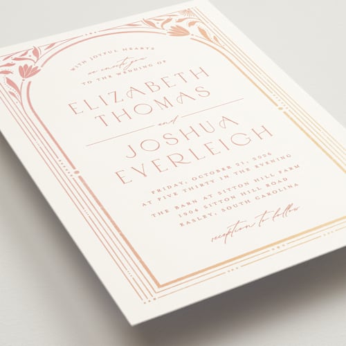 This is a peach wedding invitations with standard by Ashley DeMeyere called nouveau frame printing on signature in standard