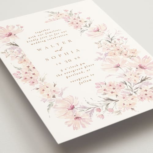 This is a cotton candy wedding invitations with standard by Phrosné Barwood called kosmos printing on signature in standard