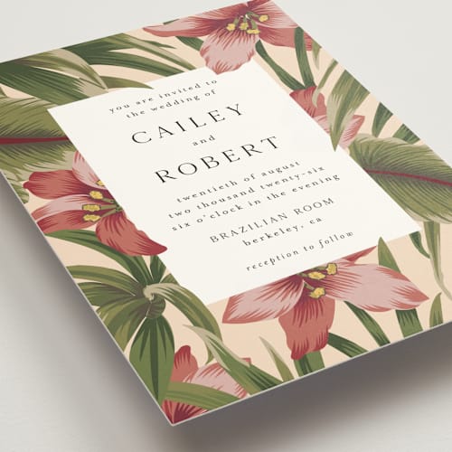 This is a sunrise wedding invitations with standard by Jennifer Holbrook called tropical flowers printing on signature in standard