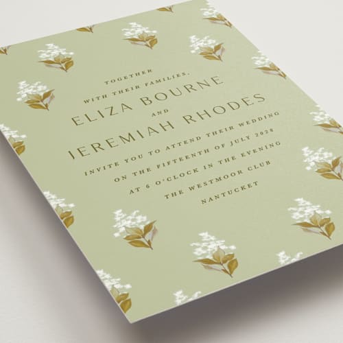This is a sage wedding invitations with standard by Olivia Kanaley Inman called blockprint printing on signature in standard