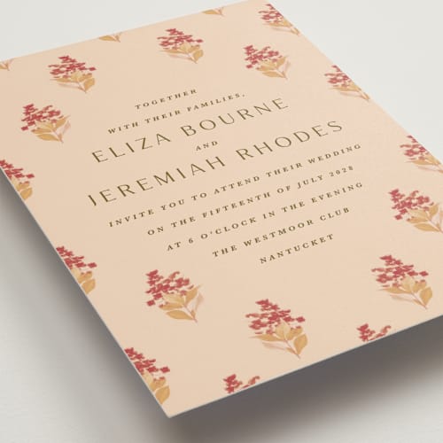 This is a sunset wedding invitations with standard by Olivia Kanaley Inman called blockprint printing on signature in standard