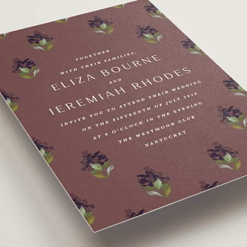 This is a merlot wedding invitations with standard by Olivia Kanaley Inman called blockprint printing on signature in standard