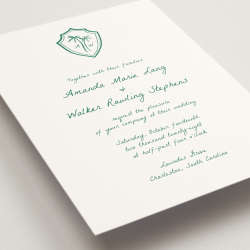 This is a palm wedding invitations with standard by Erika Firm called palm tree crest printing on signature in standard
