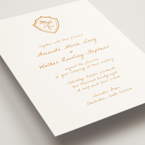 This is a mango wedding invitations with standard by Erika Firm called palm tree crest printing on signature in standard