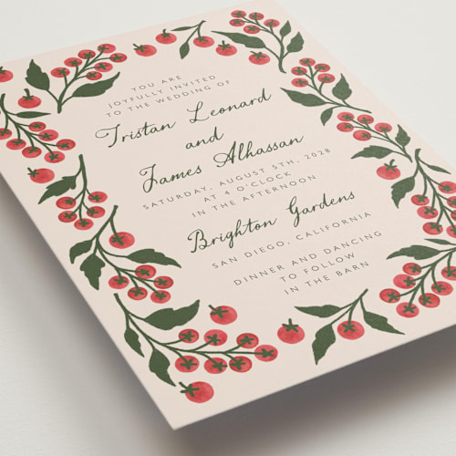 This is a tomato wedding invitations with standard by Katharine Watson called cherry tomatoes printing on signature in standard