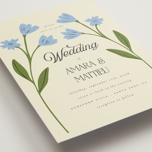 This is a cornflower wedding invitations with standard by Morgan Kendall called vintage wildflowers printing on signature in standard
