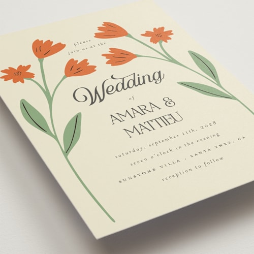 This is a coral wedding invitations with standard by Morgan Kendall called vintage wildflowers printing on signature in standard