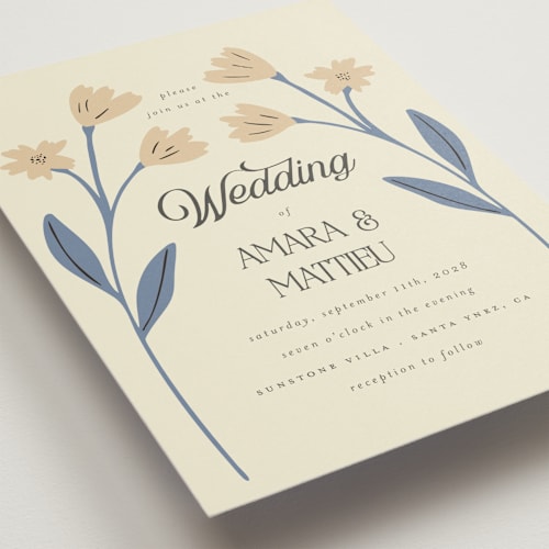 This is a wheat wedding invitations with standard by Morgan Kendall called vintage wildflowers printing on signature in standard
