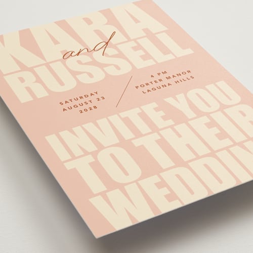 This is a blush wedding invitations with standard by Stacey Day called typographical poster printing on signature in standard
