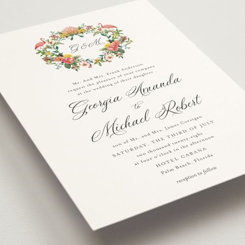 This is a hibiscus wedding invitations with standard by Susan Moyal called tropical crest printing on signature in standard