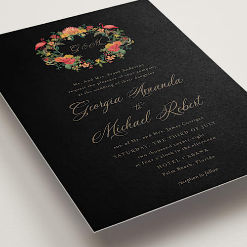 This is a jewel wedding invitations with standard by Susan Moyal called tropical crest printing on signature in standard