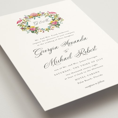 This is a lilac wedding invitations with standard by Susan Moyal called tropical crest printing on signature in standard