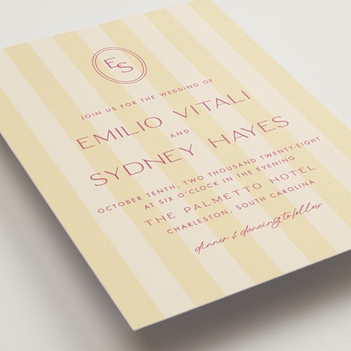 This is a lemon wedding invitations with standard by Ellen Schlegelmilch called palmetto printing on signature in standard