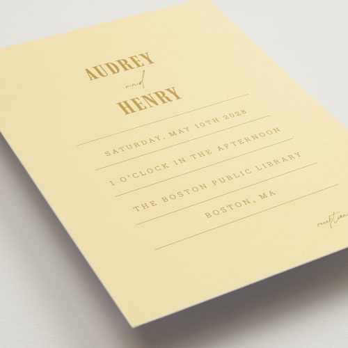 This is a butter wedding invitations with standard by Nazia Hyder called vintage label printing on signature in standard