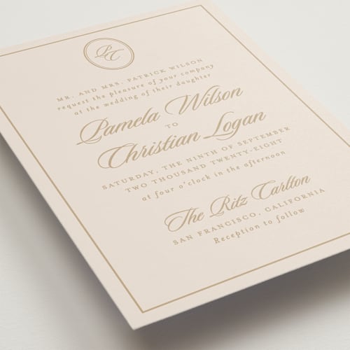 This is a almond wedding invitations with standard by Creo Study called scripted printing on signature in standard