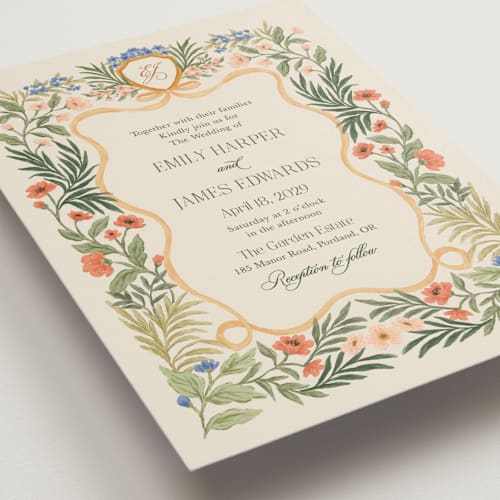 This is a garden wedding invitations with standard by Elly called garden heirloom printing on signature in standard