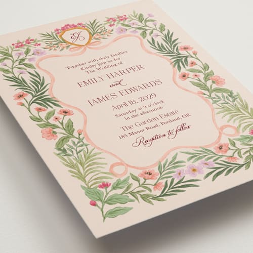 This is a peony wedding invitations with standard by Elly called garden heirloom printing on signature in standard