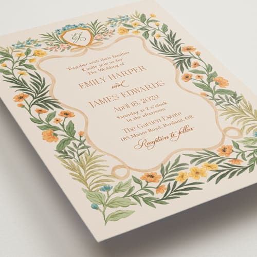This is a marigold wedding invitations with standard by Elly called garden heirloom printing on signature in standard
