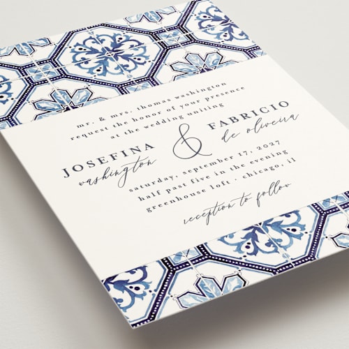 This is a azure wedding invitations with standard by Anastasia Makarova called watercolor azulejo printing on signature in standard