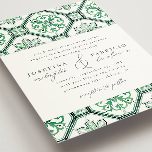 This is a emerald wedding invitations with standard by Anastasia Makarova called watercolor azulejo printing on signature in standard
