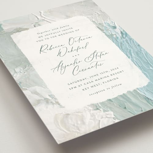 This is a aqua wedding invitations with standard by Hooray Creative called tidal wave printing on signature in standard