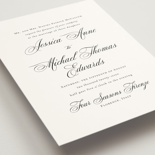 This is a cotton wedding invitations with standard by Jennifer Postorino called empire printing on signature in standard