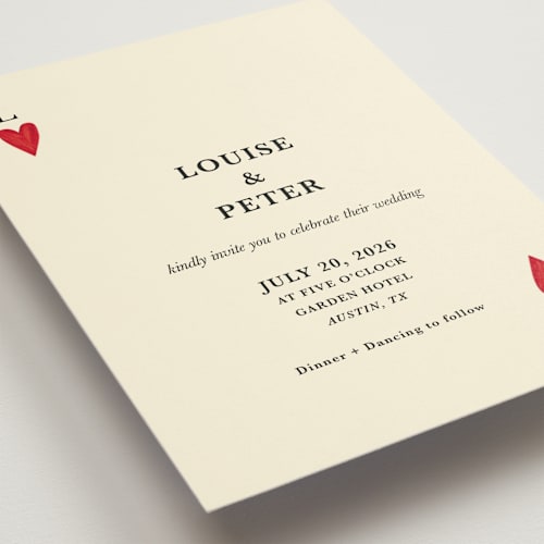 This is a champagne wedding invitations with standard by Helena Vitto called red hearts printing on signature in standard