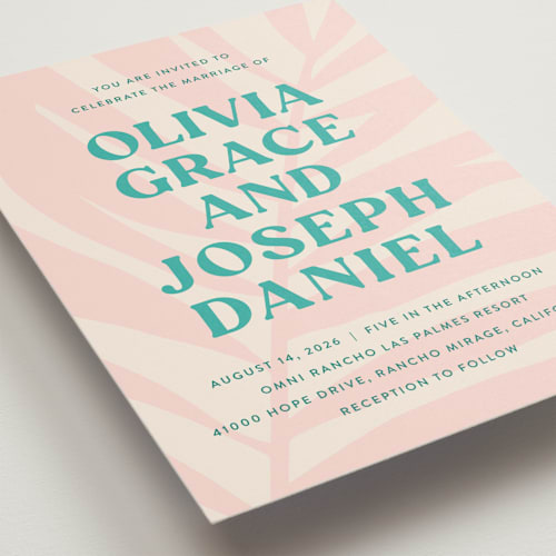This is a flamingo wedding invitations with standard by Pixel and Hank called the palm printing on signature in standard