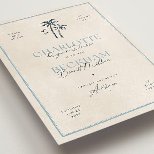 This is a frond wedding invitations with standard by Pixel and Hank called coastal drift printing on signature in standard