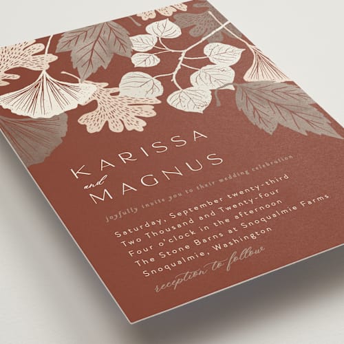 This is a latte wedding invitations with standard by Alethea and Ruth called leaf cascade printing on signature in standard